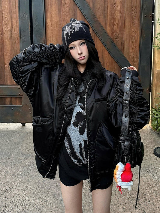 Gather with Detail Zipper Studs Jacket Black Sleeves