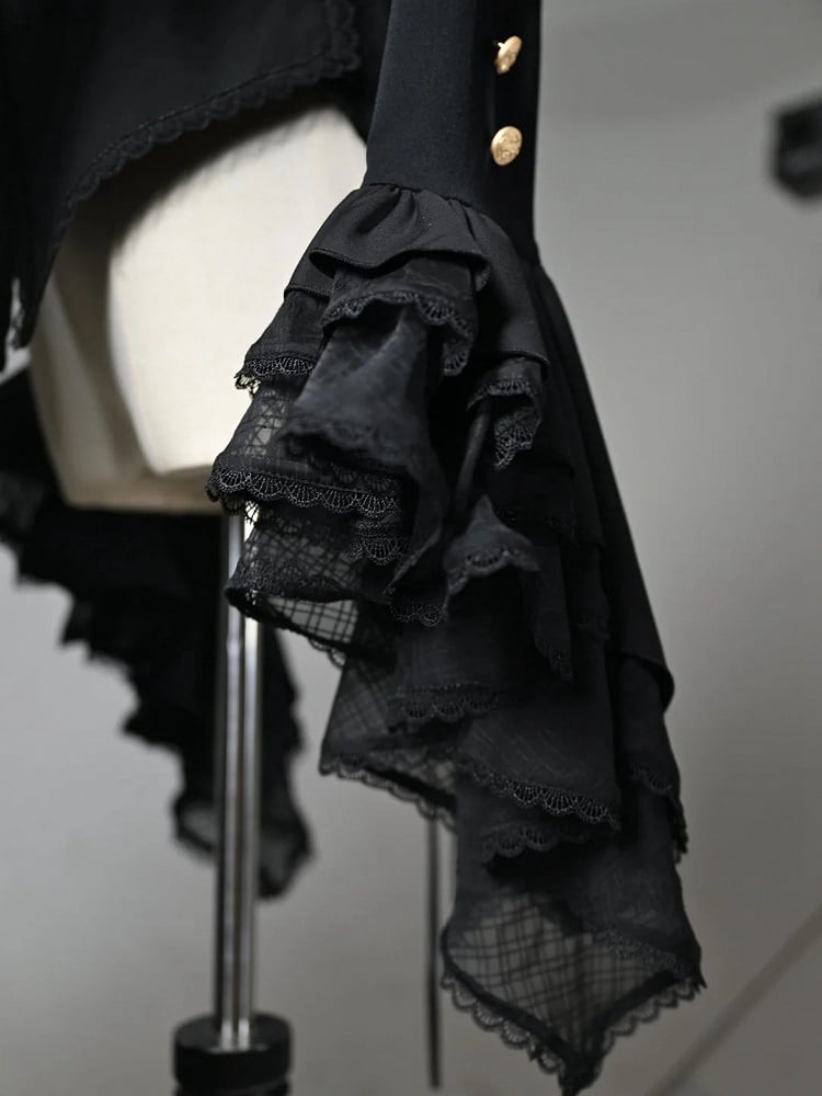 Ärmel Rüschen High Shirt Lang Schwarz High-Low Neck Jabot Saum