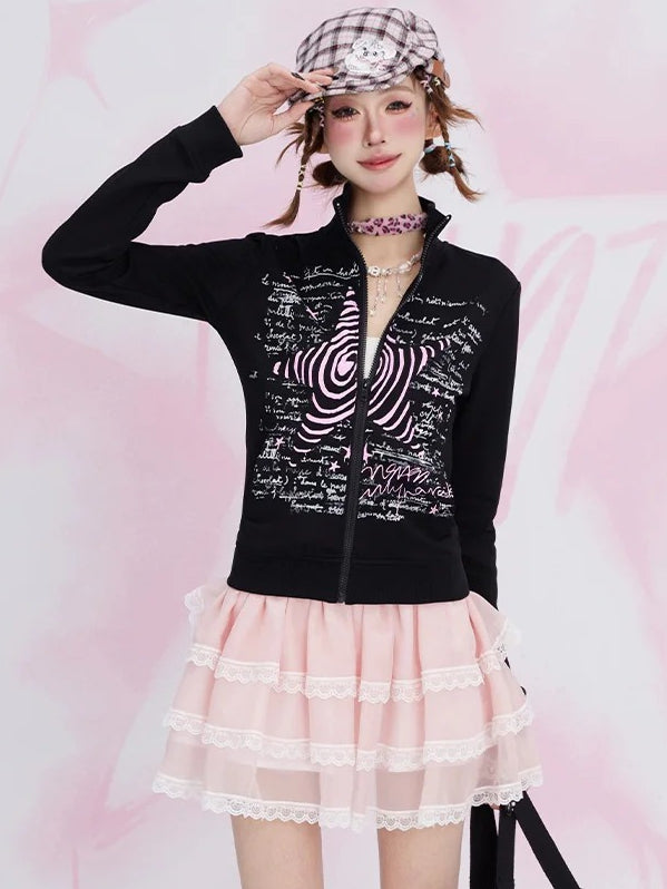 Black Y2K Stars Print High Neck Zip Closure Top