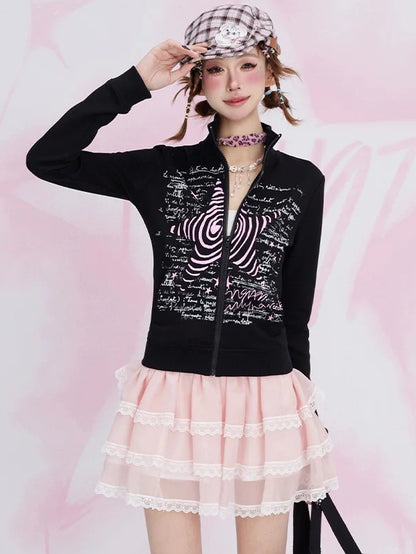 Black Y2K Stars Print High Neck Zip Closure Top