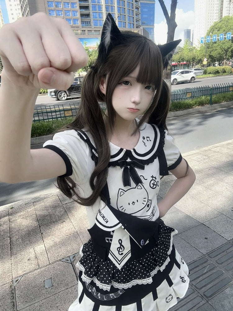 and / T-shirt Kitten Collar White Dress Peter Key' - Black Pan Overall Pleats Adorable 'Piano Box with Print Soft