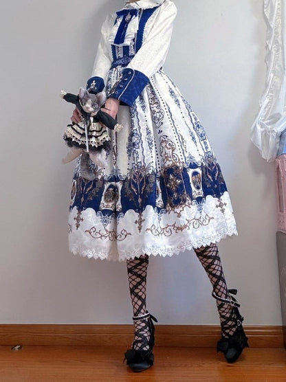 Candelabras with Long Print Dress Lolita White Blue Bat Dark Wings Sleeves Gothic