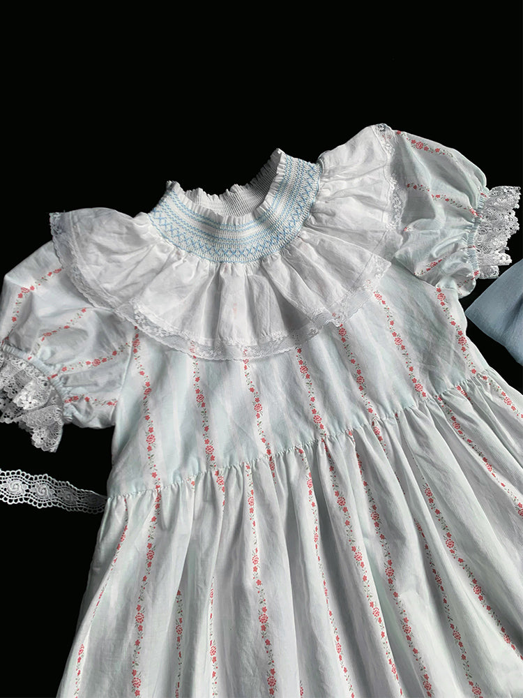 Leichtes Baumwollkleid mit Ärmeln und Taille, süßes Lolita-Kleid mit hohem Puffärmeln in Blau