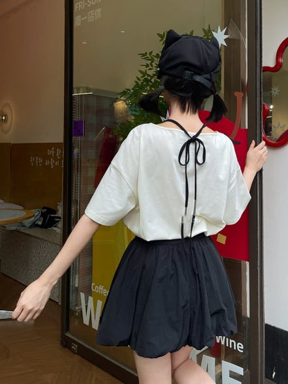 ブラック 伸縮性ウエスト キティ バブルスカート プリント