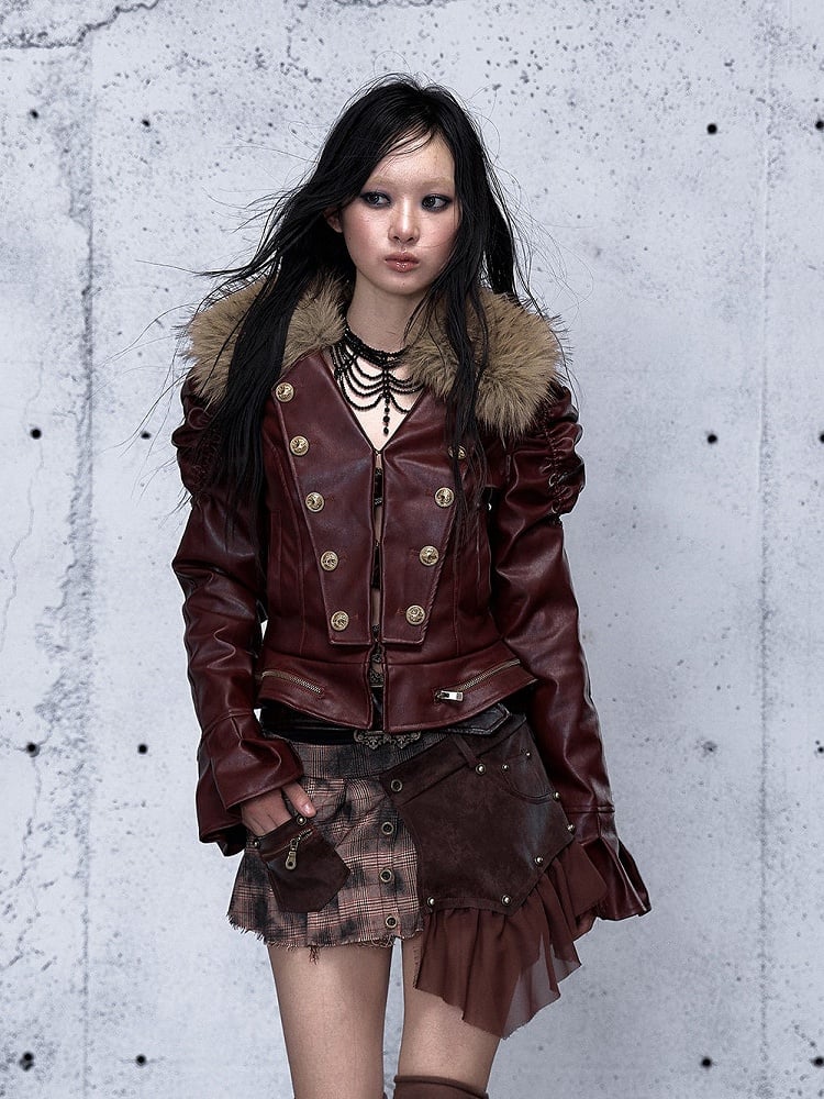 Rock Punk with Gathered Wine Details Red Jacket