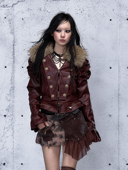 Rock Punk with Gathered Wine Details Red Jacket