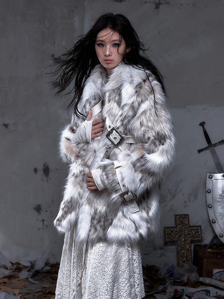 Brown Light Faux with Fur Lapel Wide Ivory Punk Coat PU Buckle Straps