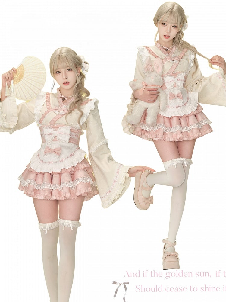 with Ruffle Kimono-Style Trim Jacquard Long Apricot Top Sleeve Wrap