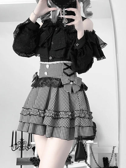 Kei High-Waist Skirt:Elegant Houndstooth Black Laceand Designwith Beading Jirai