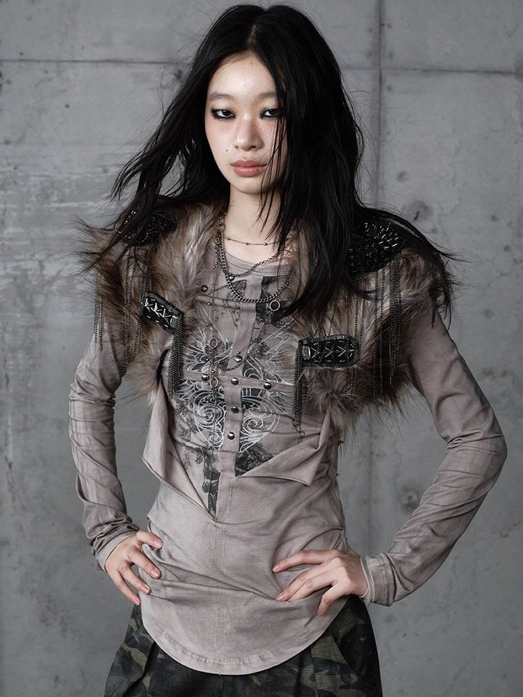 Knit Vintage Wing Print with Design Cross Deconstructed Gray Top Punk