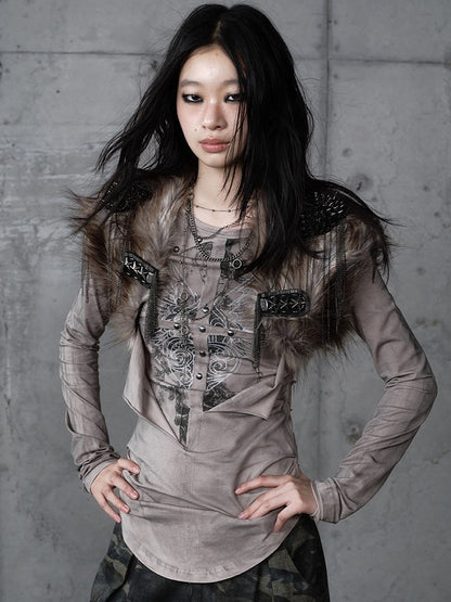 Knit Vintage Wing Print with Design Cross Deconstructed Gray Top Punk