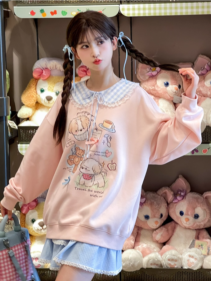 Adorable Cartoon Puppy Print Pink Round Loose Neck Sweatshirt