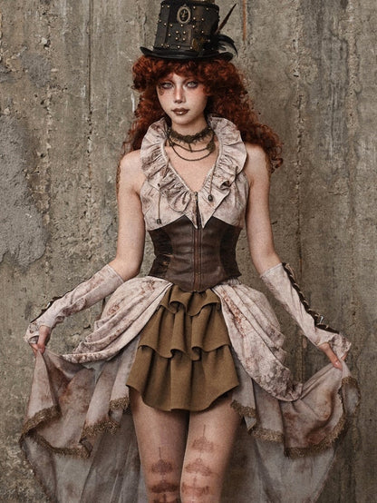 ブラウンのコルセットウエスト、フラウンスネックライン、ノースリーブトップス