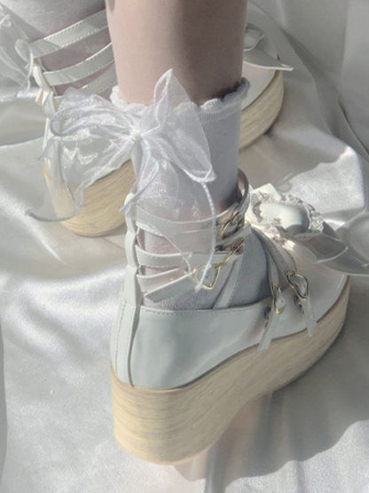 Detachable White Bow 6.5cm Heart Janes Wood Design Mary Sole with Platform Crisscross Grain -