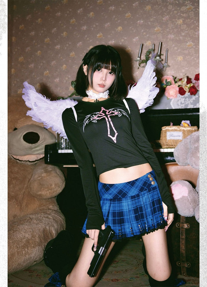 Punk Navy Blue Plaid Studs Detail Lace Trim Y2K Mini Pleated Skirt