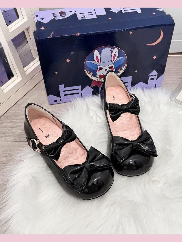 Design Low-heel Toe Black PU Leather - Round Mary in Janes