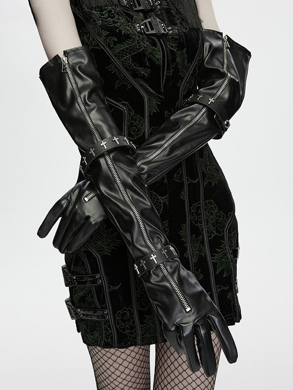 Cross Studded Zipper Long Arm Goth Gloves in Black - Punk Rave