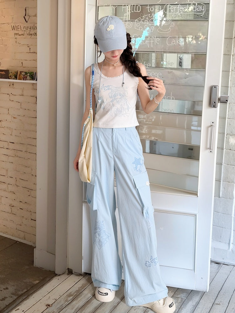 Lockere Hose mit geradem Bein und Taschen, blau, mit Anime-Print, Cargo