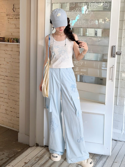 Lockere Hose mit geradem Bein und Taschen, blau, mit Anime-Print, Cargo