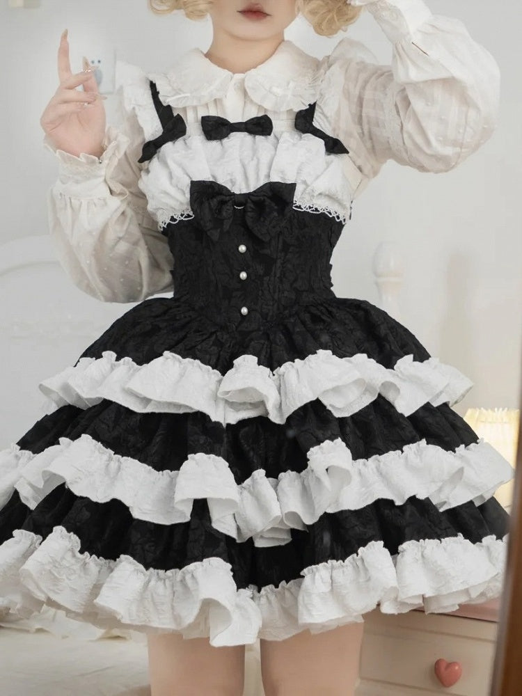 with Waist Tiered White Cute JSK Ruffle Bow Lolita Decorations Black and Boned