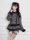 Black & Gray Jirai-Kei Peter Pan Collar Long-Sleeve Top, Double-Breasted & Ruffled - No Genki