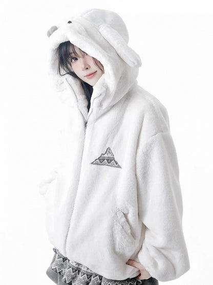 Lining Seal-inspired White Hooded Cozy Jacket with Fleece Plush