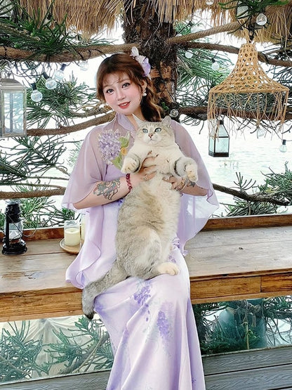 チーパオデザインドレス プラスサイズ チャイナドレススタイル パープルプリント ケープウィステリア