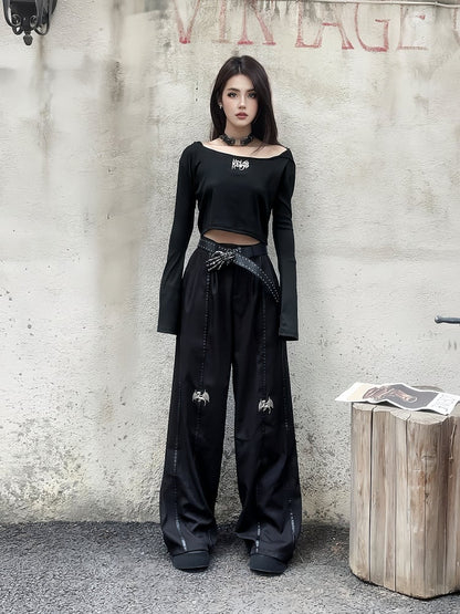 丈長めのフロア ブラック メタル ドラゴン ニー ワイドレッグ パンツ
