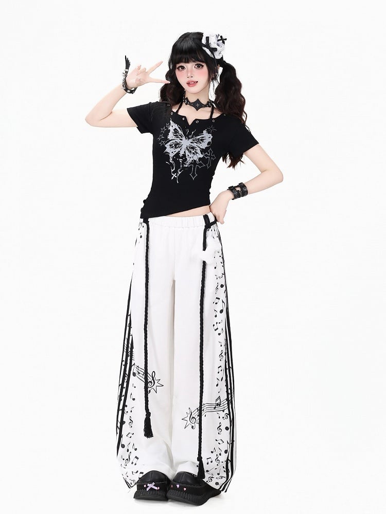 White Music Note Printed Straight Leg Pants with Waist Cord - Kawaii Daily - CRAZY GIRL