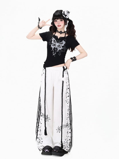 White Music Note Printed Straight Leg Pants with Waist Cord - Kawaii Daily - CRAZY GIRL