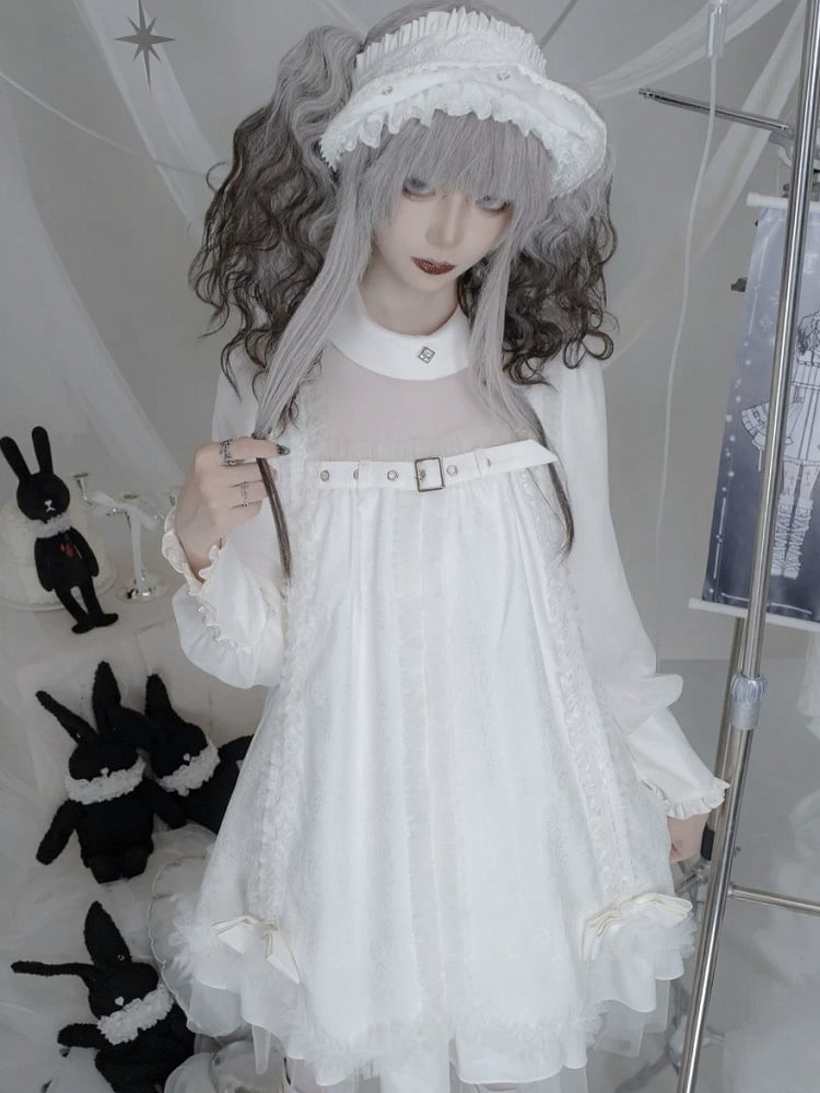 White Gothic Lolita Pleated Dress with Round Collar, Lace and Bowknot Accents - Kuroya