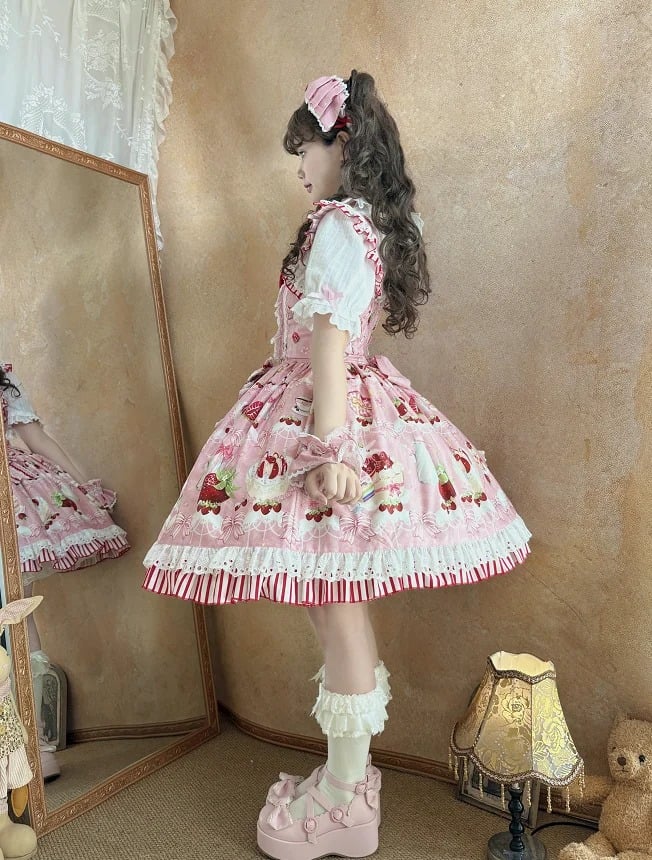Schleifen süßer Rock und Dessert Lolita Pullover Print Erdbeerrosa