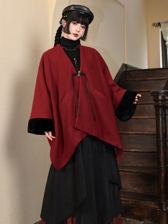 Embellished - Year Red Coat Cuffs Placket Button Plush Sleeve New Tassel Cape