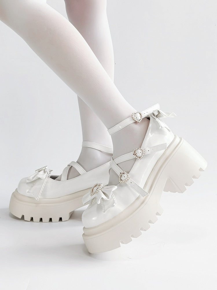 White Heart Platform Fastener Sweet Lolita Bow High Block with in Design Heels Accents Crisscross