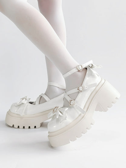 White Platform High Heels with Heart Buckle and Bow - Rainie Dream
