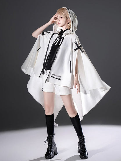 Straps Hem Ouji with High-low Hooded Cyberpunk and Lolita Buckle Cape White Futuristic