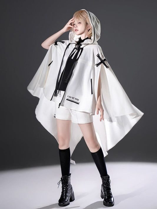 Straps Hem Ouji with High-low Hooded Cyberpunk and Lolita Buckle Cape White Futuristic