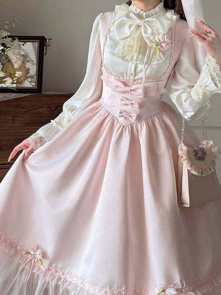 Pink Shirt and Jumper Skirt Set with Bow and Ruffle Details - Sweet Dream