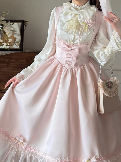 Pink Shirt and Jumper Skirt Set with Bow and Ruffle Details - Sweet Dream
