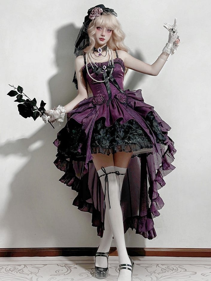 Purple Black Strapless Gothic Lolita Dress - Rose Bouquet Boned Corset