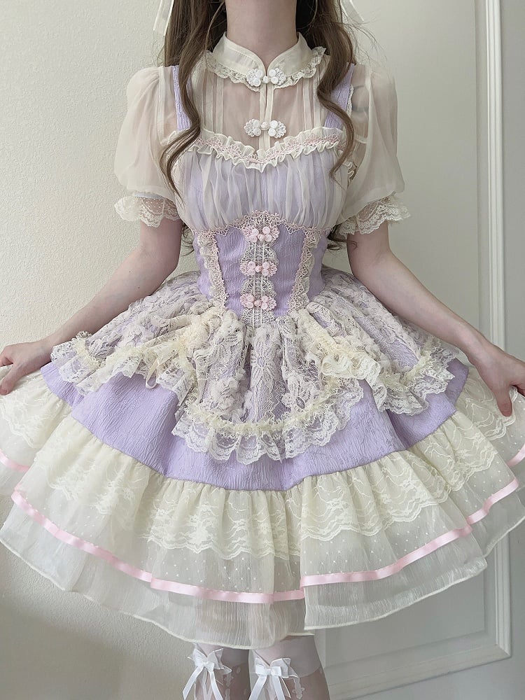 Frog Chinoiserie Dress Fresh JSK Ballet-Inspired Button Lace Trim Purple Lolita