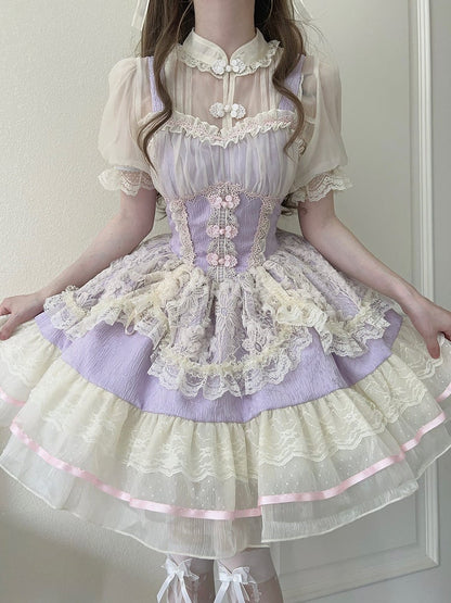 Frog Chinoiserie Dress Fresh JSK Ballet-Inspired Button Lace Trim Purple Lolita