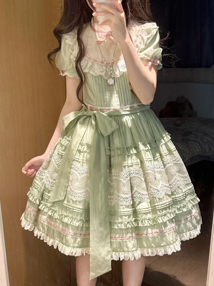 Short Green Puff Sleeve Lace Trim Elegant Lolita Dress - Pumpkin Planet
