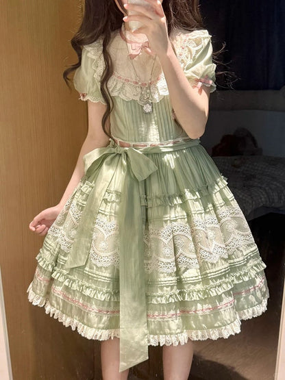 Short Green Puff Sleeve Lace Trim Elegant Lolita Dress - Pumpkin Planet
