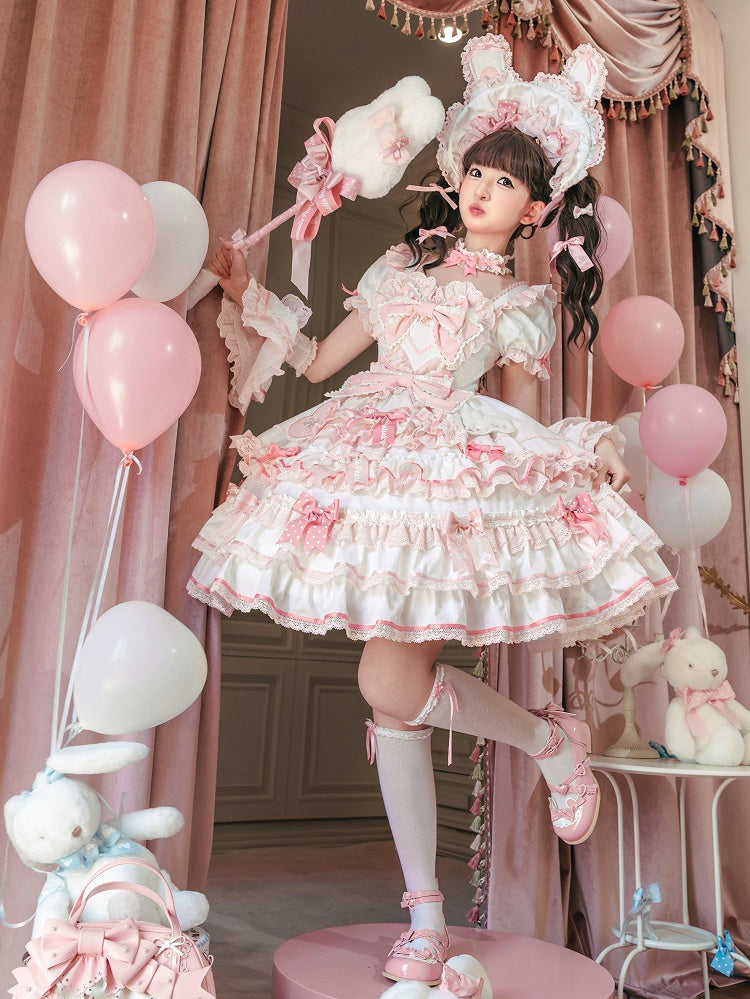 Rüschen Einteiler Rosa Weiß Süßes Prinzessinnen- und Schleifenkleid Thema Lolita Bunny Akzente