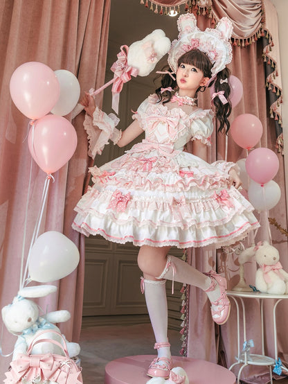 Rüschen Einteiler Rosa Weiß Süßes Prinzessinnen- und Schleifenkleid Thema Lolita Bunny Akzente