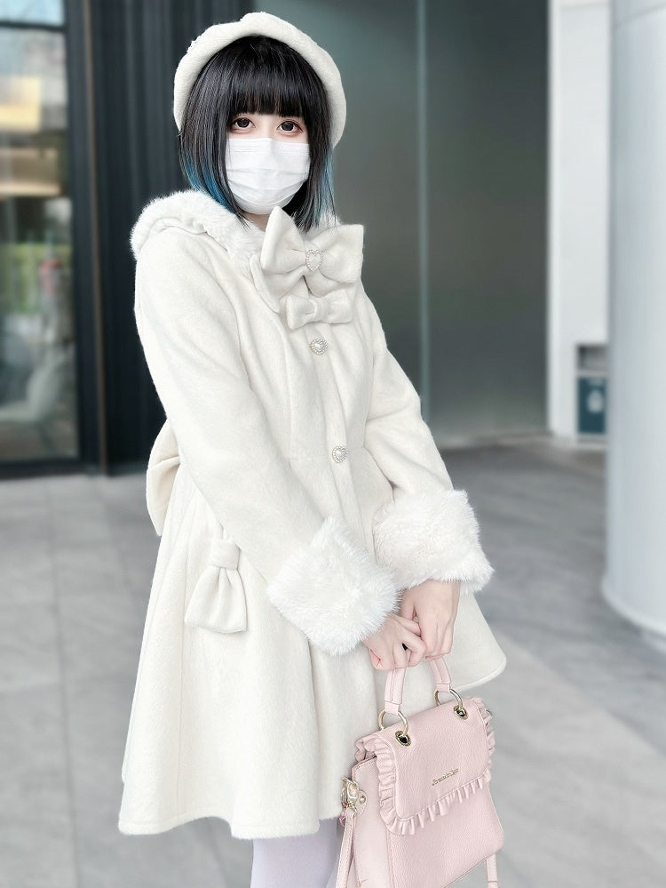 Bowknot Jirai Beige Kei Details Collar and Decorated Plush Cuffs Coat Beaded