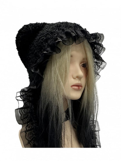 Knit Trim Punk Patch Cross Black with Lace Beanie Y2K