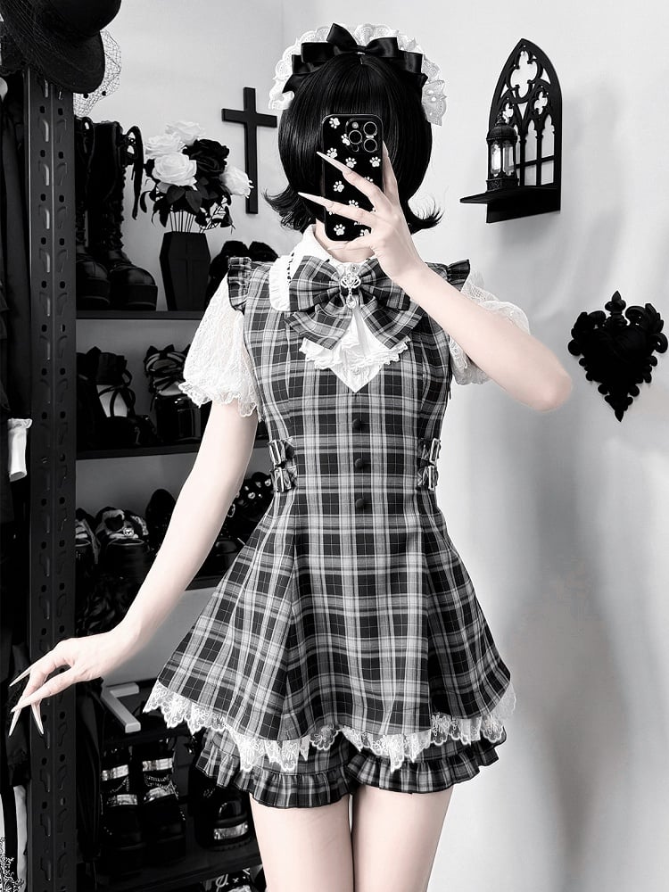 Jabot Black & White Jirai-Kei Plaid Short Sleeve Gown with Lace Bow Accents + Matching Shorts Set - Puzzles