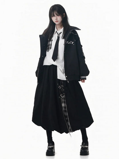 Patchwork and Tea Black Buckle with Bubble Detail Length Plaid Strap Skirt